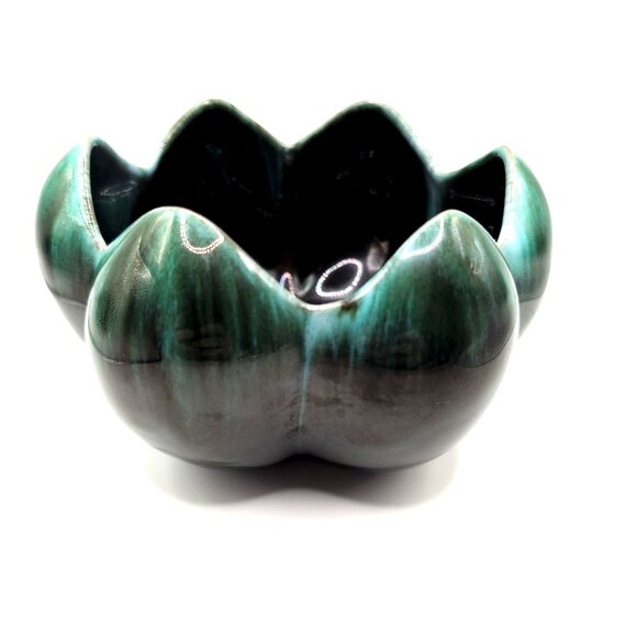 Vtg Blue Mountain Pottery Tulip Bowl 3.5x6.25" Retro Teal/Black Drip Glaze VGC - Picture 1 of 7